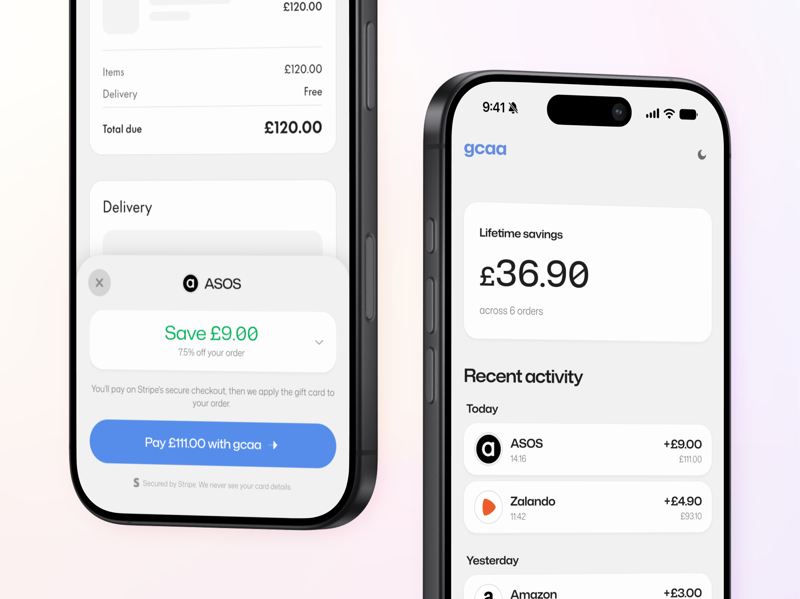 GCAA checkout sheet and transaction history shown across two iPhone mockups
